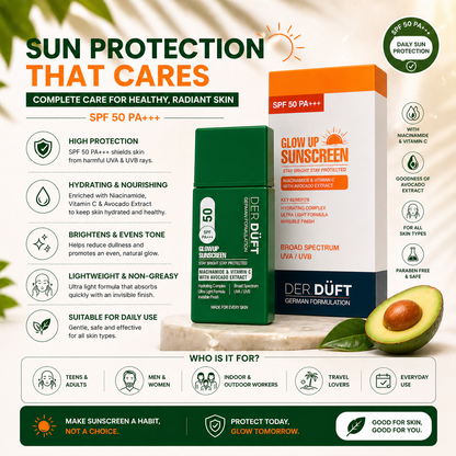 Der Düft Glow Up Sunscreen SPF 50 PA+++, Broad Spectrum UVA/UVB, with Niacinamide, Vitamin C and Avocado Extract, Invisible Finish