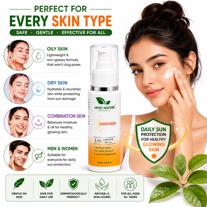 AKKC Nature Organic Sunscreen SPF 50 PA+++ | Broad Spectrum UVA/UVB Protection | Ceramides, Peptides, Zinc Oxide, Titanium Dioxide, Vitamin E & Hyaluronic Acid | Non-Greasy Daily Sunscreen for Men & Women | 50ml.