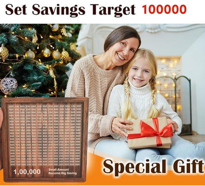 ₹1,00,000 Savings Challenge Wooden Money Bank – Reusable Cash Saving Box with Goal Tracker for Kids & Adults | Piggy Bank for Home & Gift