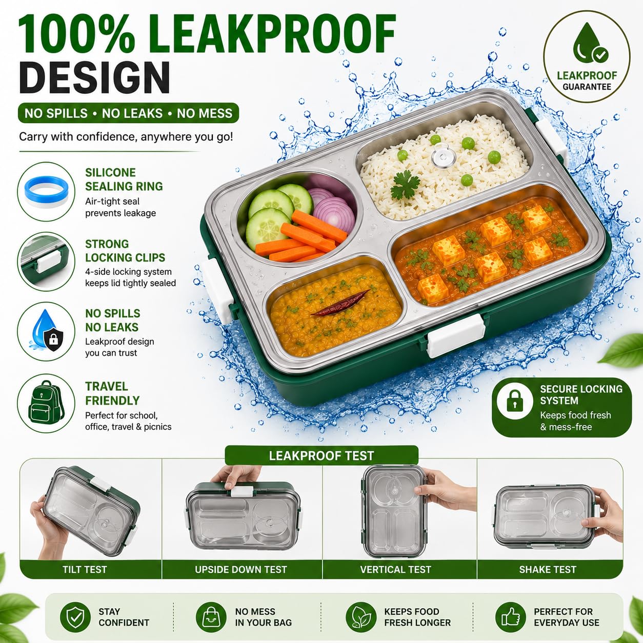 Stainless Steel Lunch Box with 4 Compartments, BPA-Free | Leakproof Silicone Seal, Includes Spoon & Chopsticks, Transparent Locking Lid, Food-Grade 304 Steel, Secure Locking Clips