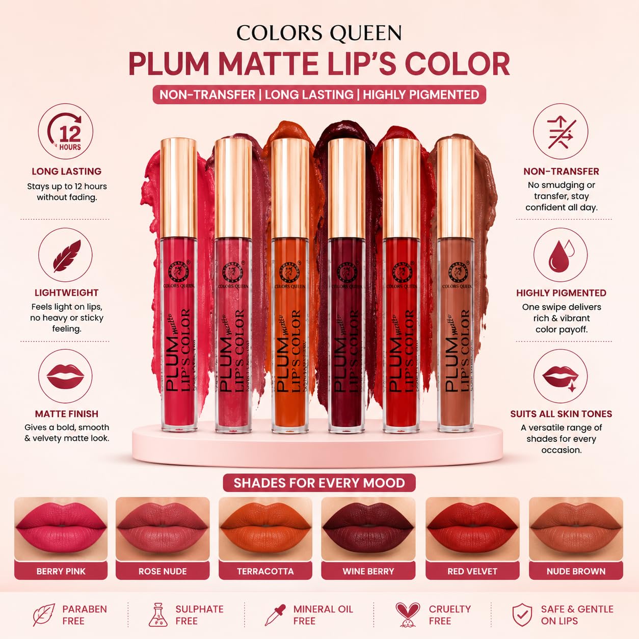 Plum Matte Lip Color Long Lasting Liquid Lipstick Set for Women (Pack of 6 Shades)