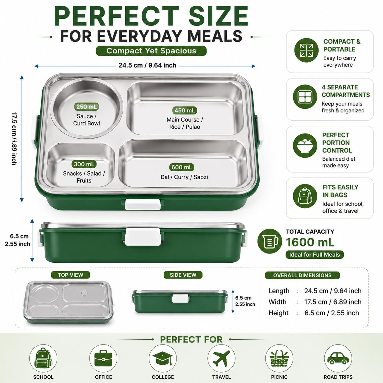 Stainless Steel Lunch Box with 4 Compartments, BPA-Free | Leakproof Silicone Seal, Includes Spoon & Chopsticks, Transparent Locking Lid, Food-Grade 304 Steel, Secure Locking Clips