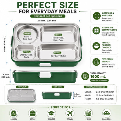 Stainless Steel Lunch Box with 4 Compartments, BPA-Free | Leakproof Silicone Seal, Includes Spoon & Chopsticks, Transparent Locking Lid, Food-Grade 304 Steel, Secure Locking Clips