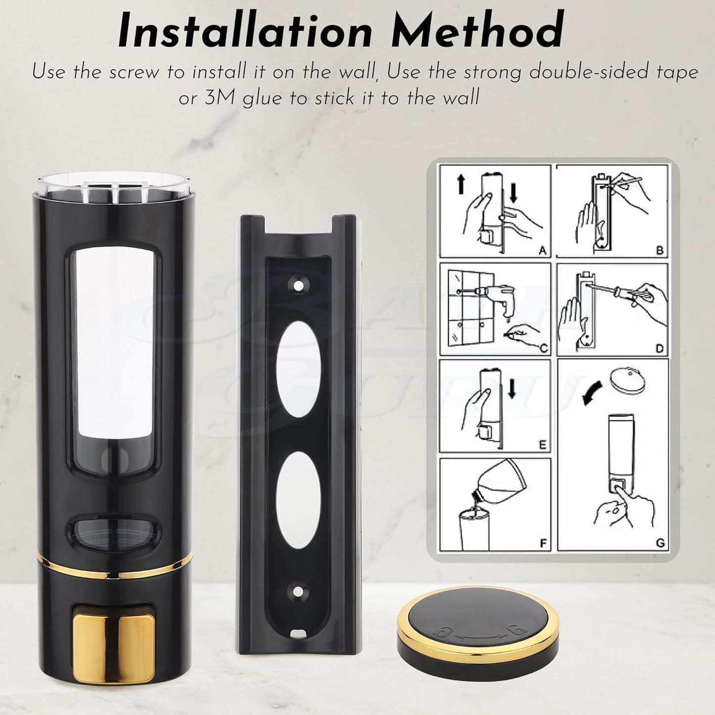 Liquid Soap Dispenser, Wall Mounted, 400ml, Black with Gold Accents, ABS Plastic, Refillable (Black)