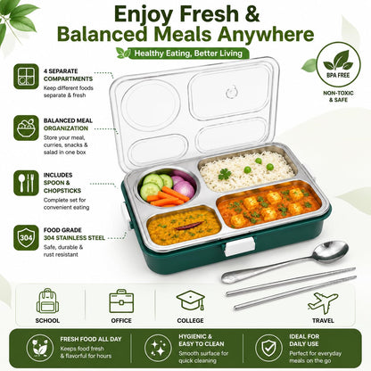 Stainless Steel Lunch Box with 4 Compartments, BPA-Free | Leakproof Silicone Seal, Includes Spoon & Chopsticks, Transparent Locking Lid, Food-Grade 304 Steel, Secure Locking Clips