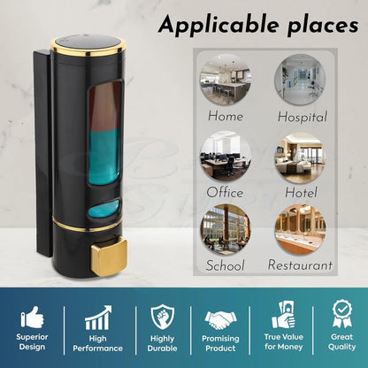 Liquid Soap Dispenser, Wall Mounted, 400ml, Black with Gold Accents, ABS Plastic, Refillable (Black)
