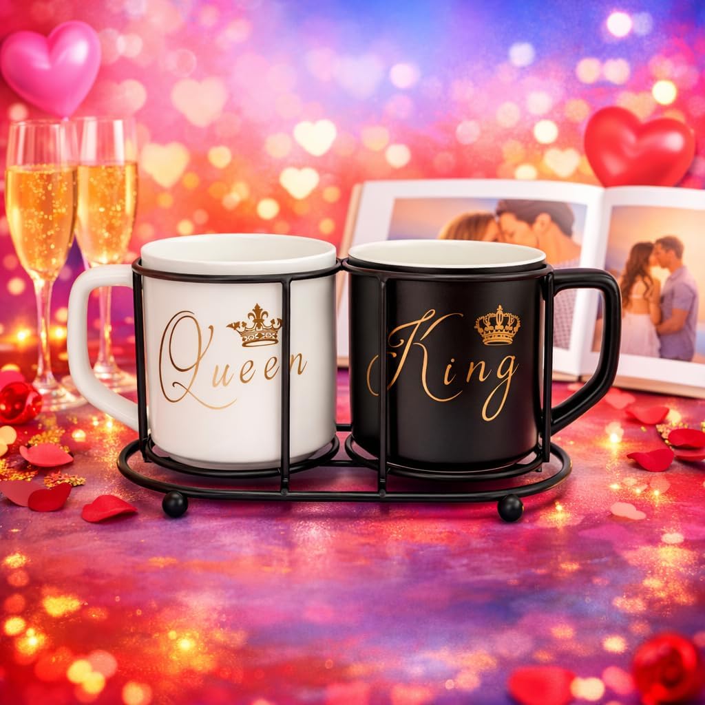 King & Queen Ceramic Coffee Mug Set – Premium Couple Tea & Coffee Cups for Husband & Wife | Romantic Gift for Anniversary, Wedding, Valentine & Birthday (Set of 2)
