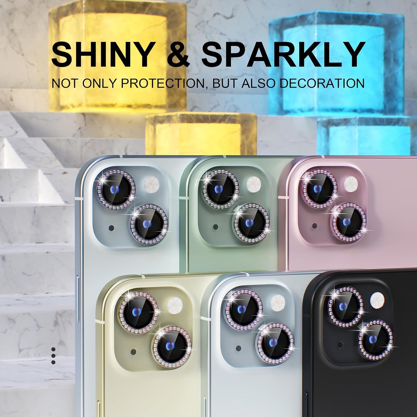 AIG iPhone 14 /14 Plus/15 /15 Plus Camera Lens Protector – Bling 9H Tempered Glass with Metal Ring Decoration (Pink Diamond)