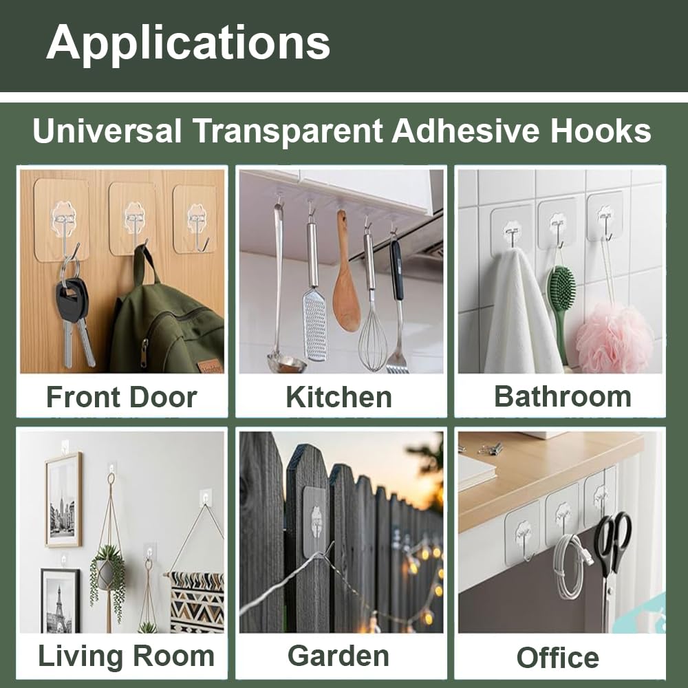20 Pcs Self Adhesive Wall Hooks – Heavy Duty Waterproof Transparent Sticky Hooks for Kitchen, Bathroom, Bedroom, Office, Home & Hanging Accessories