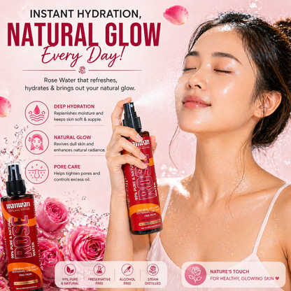 Wanwan 99% Pure & Natural Rose Water Spray 200ml | Face Toner, Facial Mist & Makeup Setting Spray | Hydrating, Refreshing & Skin Brightening | For All Skin Types | Preservative-Free Rose Water