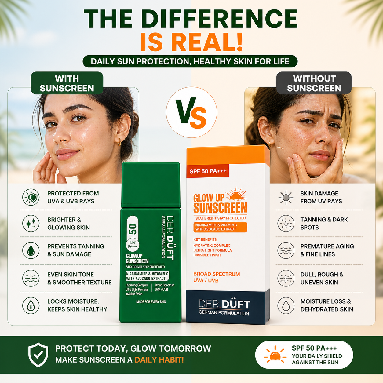 Der Düft Glow Up Sunscreen SPF 50 PA+++, Broad Spectrum UVA/UVB, with Niacinamide, Vitamin C and Avocado Extract, Invisible Finish