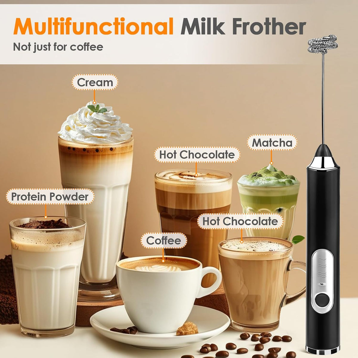 AIG Rechargeable Milk Frother & Coffee Whisk – Electric Handheld Coffee Mixer, Dual Spring Frothing Technology, Drink Mixer & Beater, Multi
