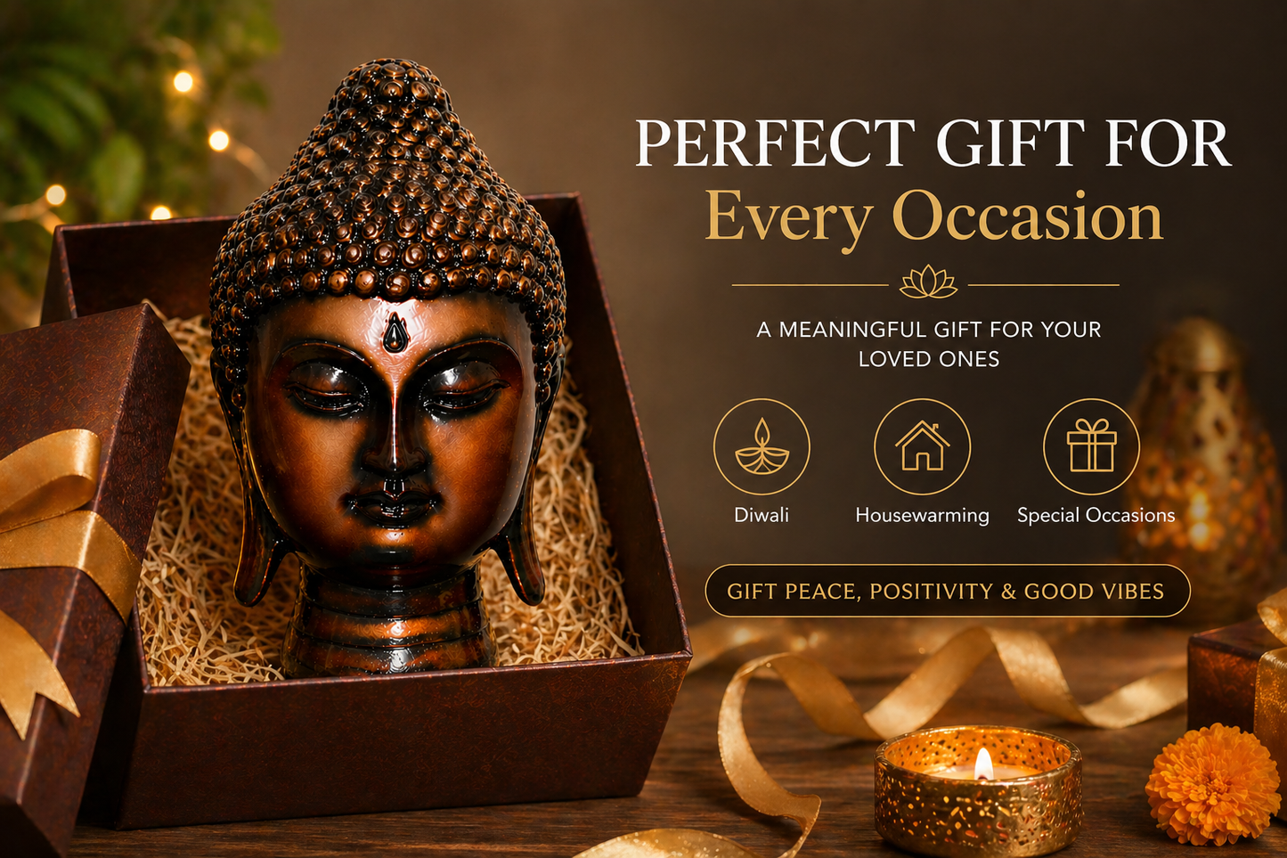 Handcrafted Brass Buddha Head Idol, Bronze Finish, Meditation Décor Statue for Home, Office, Yoga Studio