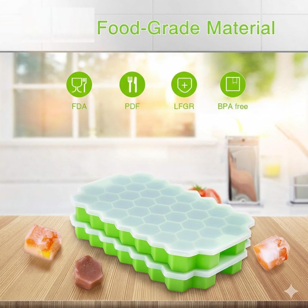 AIG Silicone Ice Cube Trays with Lids – (3 Pack) Easy-Release Hexagon Ice Maker for Freezer, Reusable Food-Grade Ice Molds for Cocktail Bar, Whiskey, Iced Coffee & Home Kitchen (BLUE+GREEN+YELLOW)