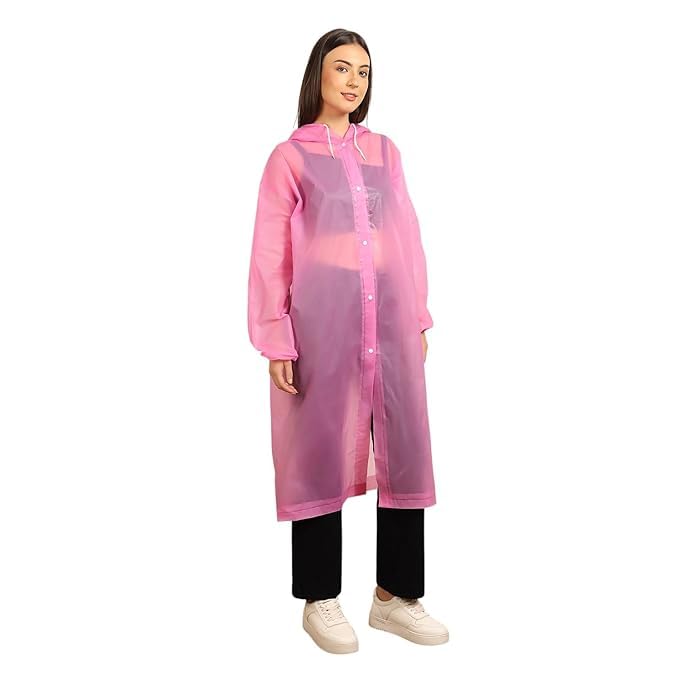 Women's Waterproof EVA Raincoat with Hood – Lightweight Reusable Long Rain Coat for Travel, Cycling, Hiking & Daily Use (Pink)