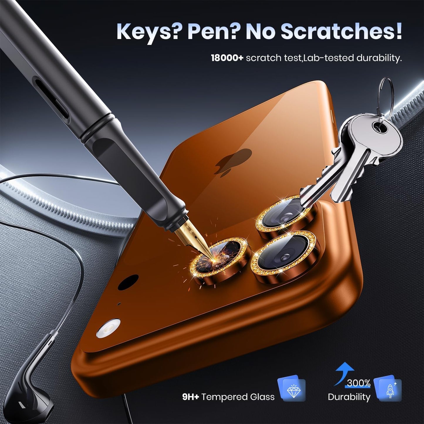 AIG Camera Lens Protector for iPhone 17 Pro/Pro Max –9H Tempered Glass with Diamond Metal Ring, Scratch Resistant, HD Clear (Orange Diamond)