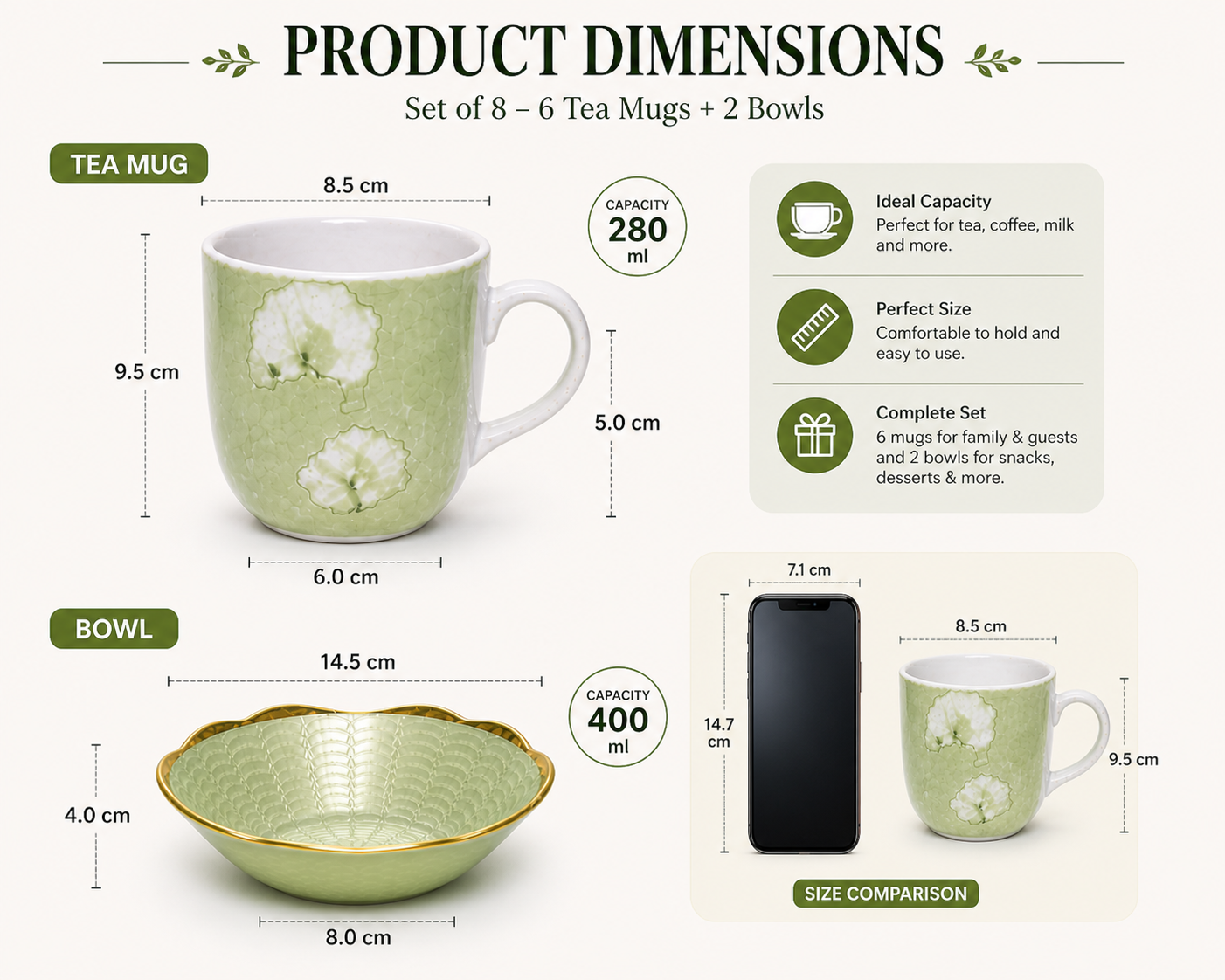 Ceramic Tea Mug & Bowl Gift Set (6 Tea Mugs + 2 Ceramic Bowls) Premium Quality Tea Cup Set for Home Kitchen Office Stylish Tea Coffee Serving Set with Gift Box | Green