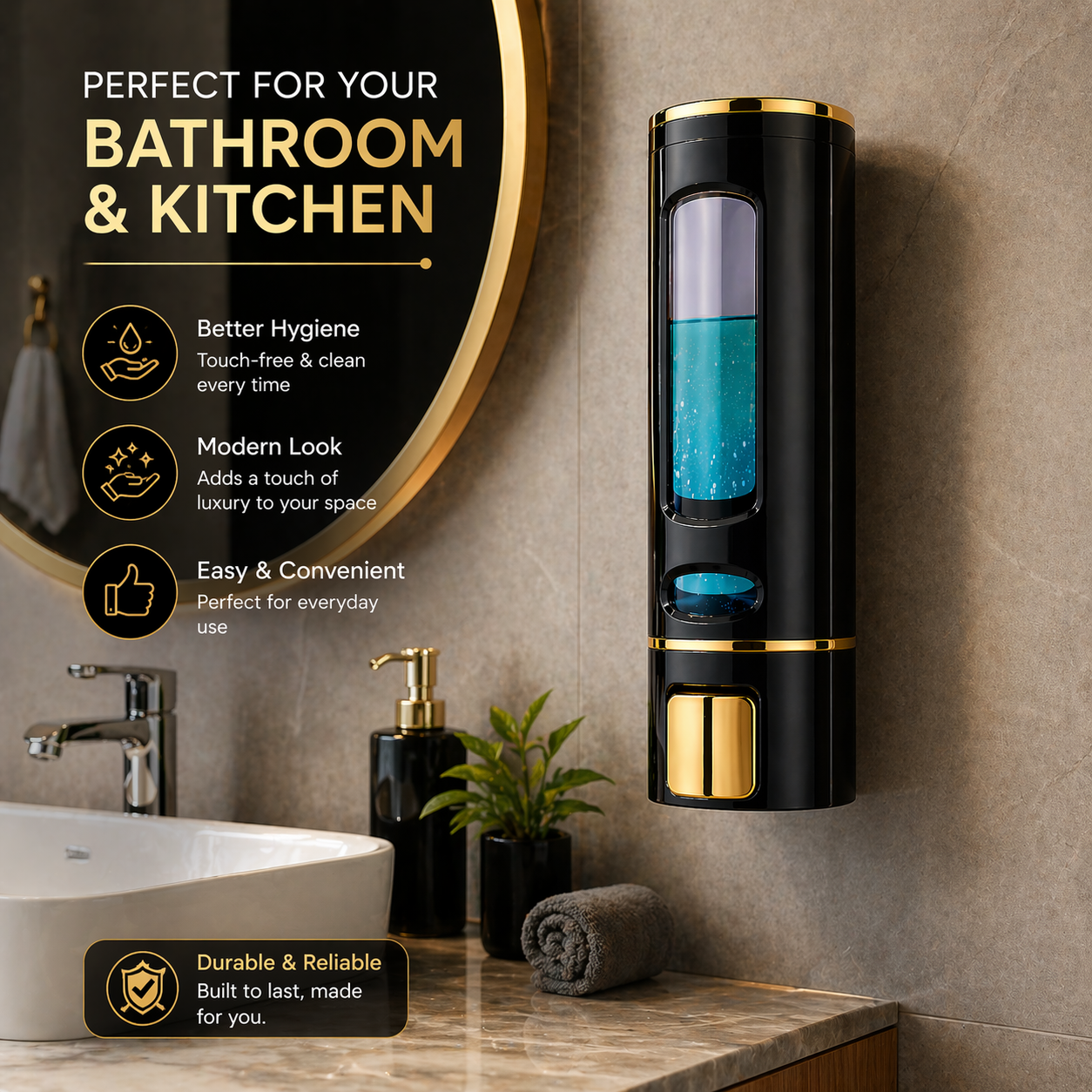 Wall-Mounted Liquid Soap Dispenser, Black and Gold Finish, Push Button, for Bathroom and Kitchen