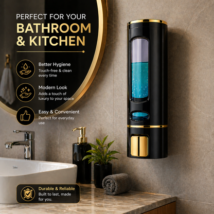 Wall-Mounted Liquid Soap Dispenser, Black and Gold Finish, Push Button, for Bathroom and Kitchen
