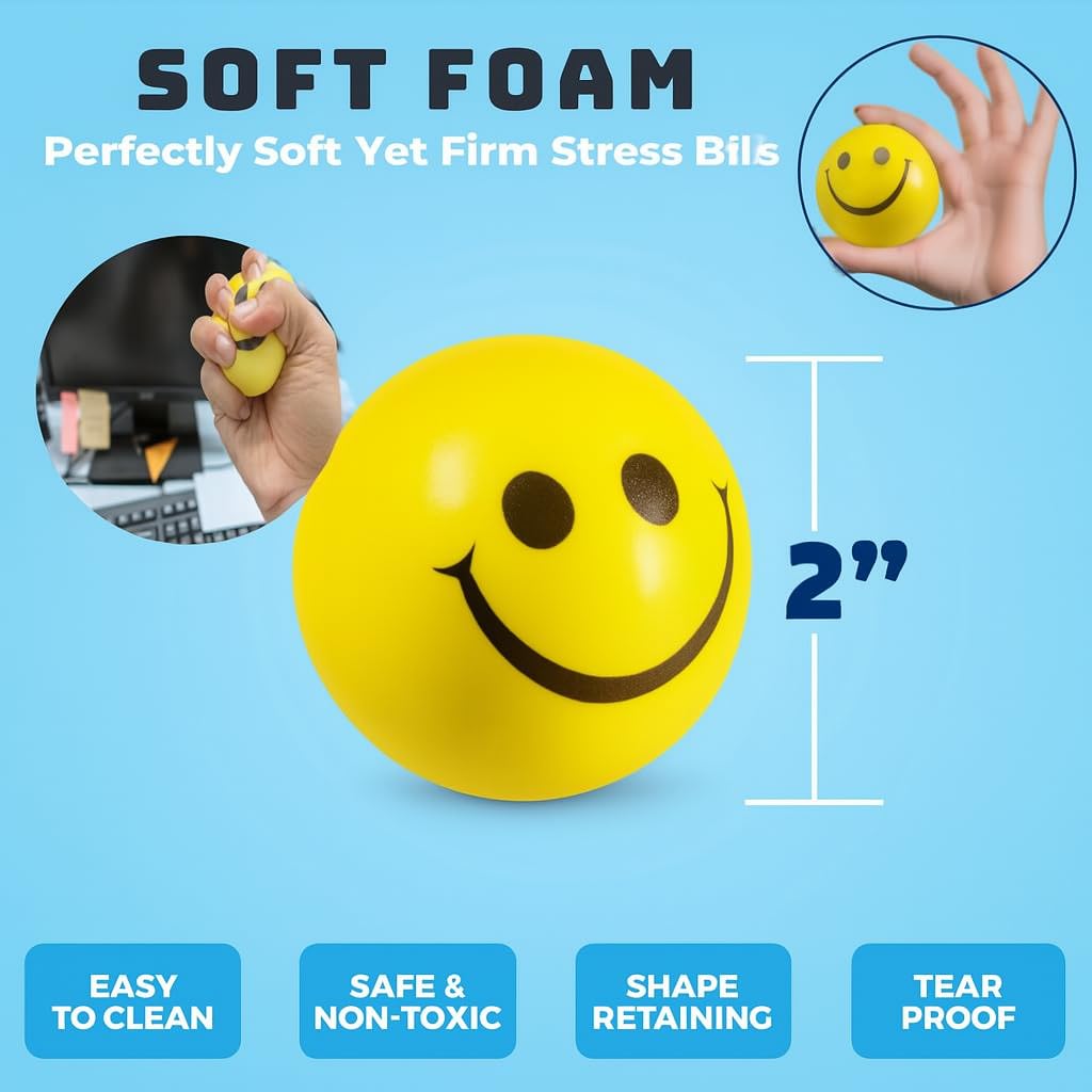 AIG 6 Pcs Smiley Squeeze Balls for Kids & Adults – 2 Inch Yellow Stress Relief & Sensory Fidget Toys