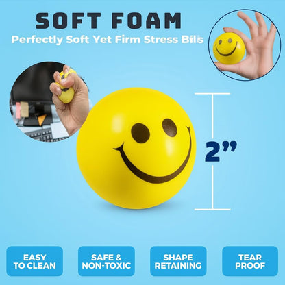 AIG 6 Pcs Smiley Squeeze Balls for Kids & Adults – 2 Inch Yellow Stress Relief & Sensory Fidget Toys