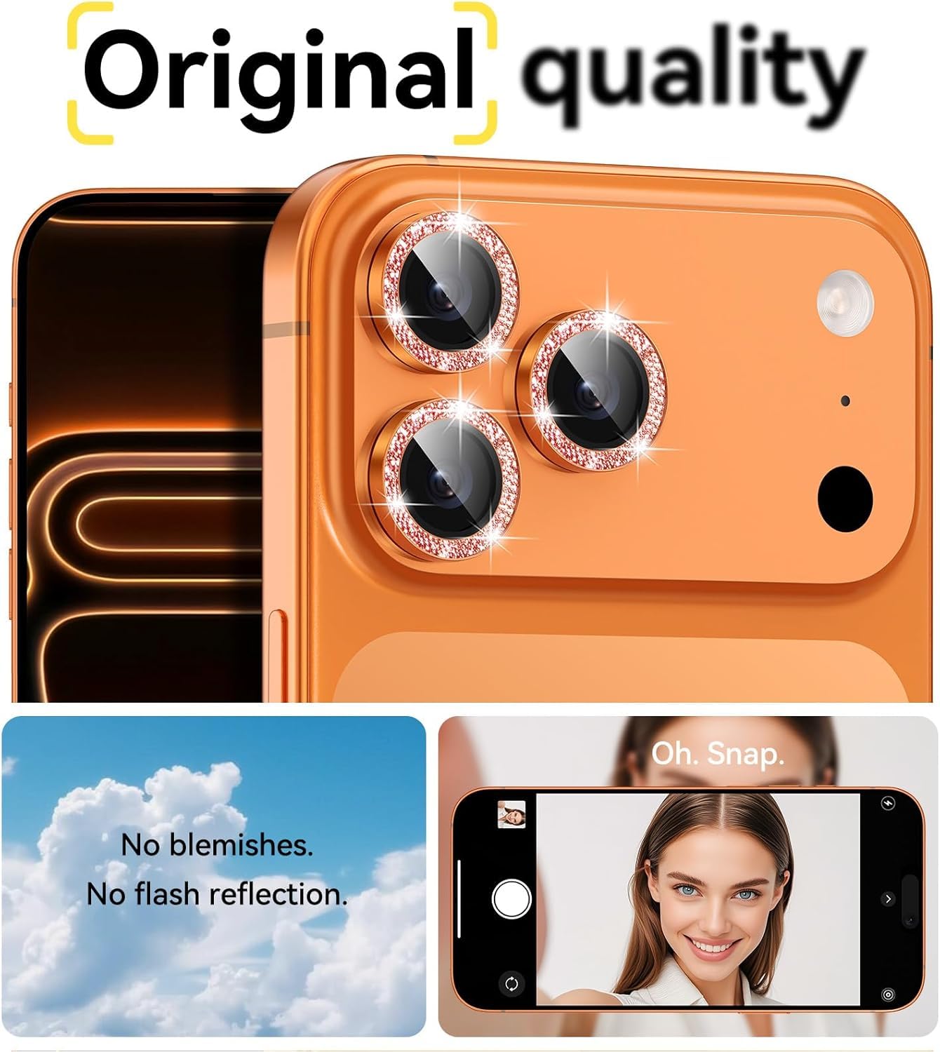 AIG Camera Lens Protector for iPhone 17 Pro/Pro Max –9H Tempered Glass with Glitter Metal Ring, Scratch Resistant, HD Clear (Orange Glitter)