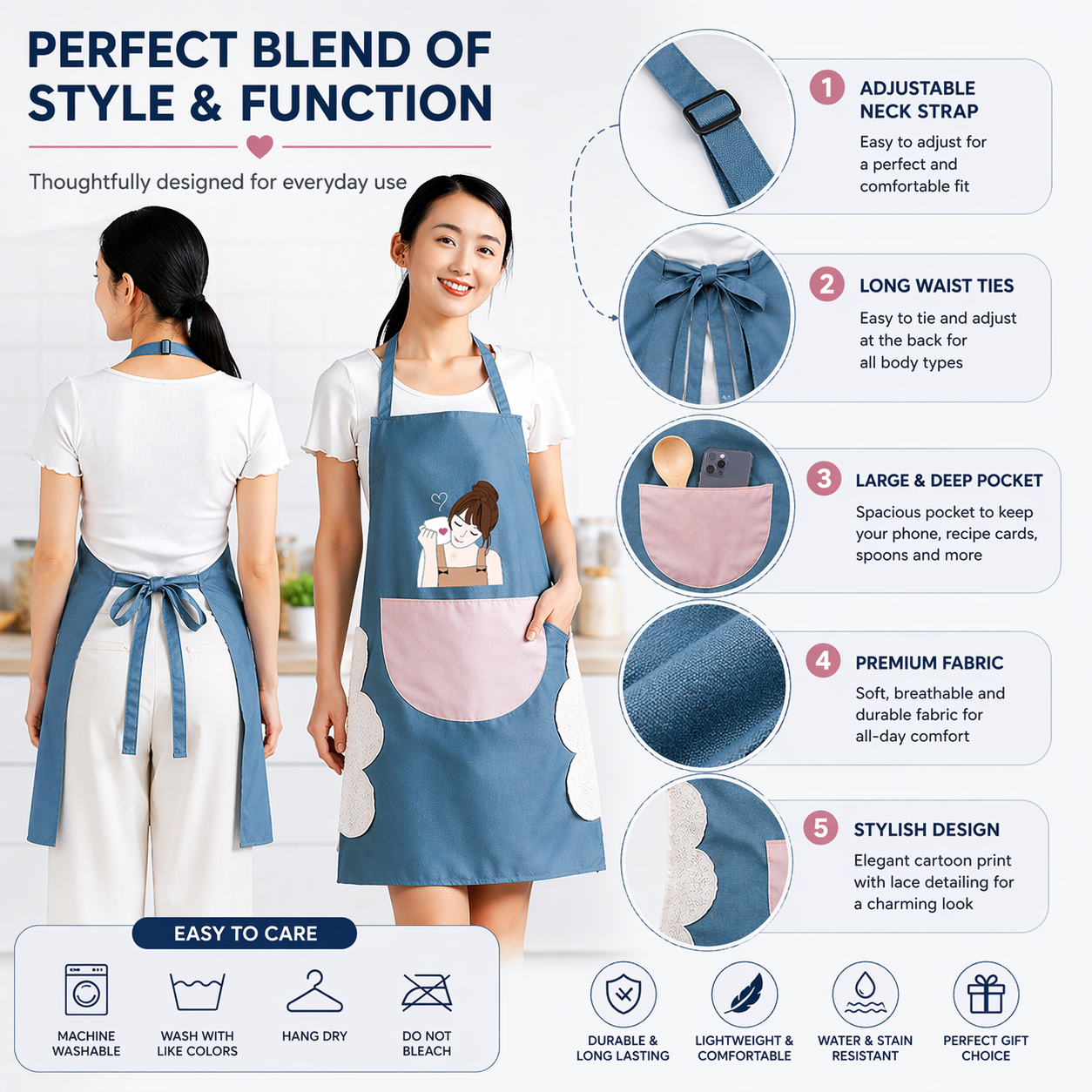 Stylish Waterproof Kitchen Apron for Women with Front Pocket & Cute Print