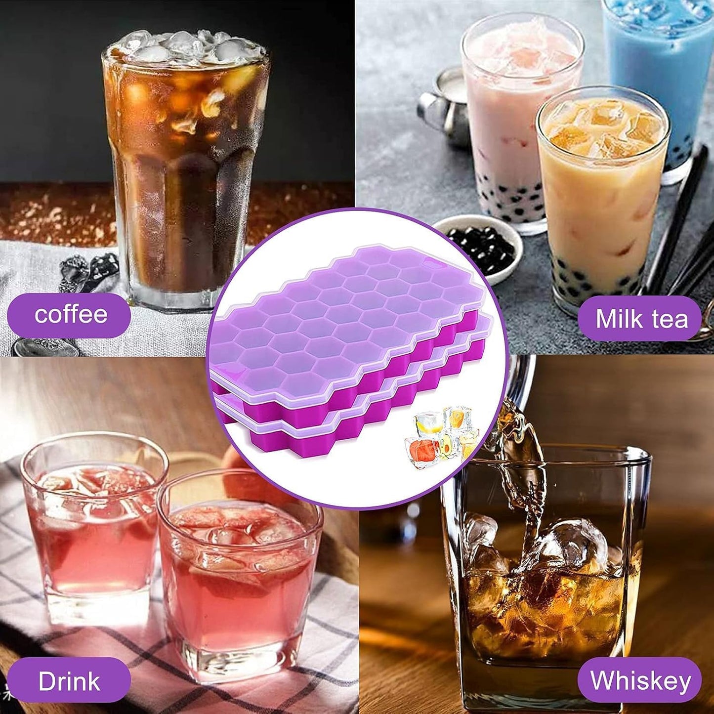 AIG Silicone Ice Cube Trays with Lids – 3 Pack Easy-Release Hexagon Ice Maker for Freezer, Reusable Food-Grade Ice Molds for Cocktail Bar, Whiskey, Iced Coffee & Home Kitchen (Purple)