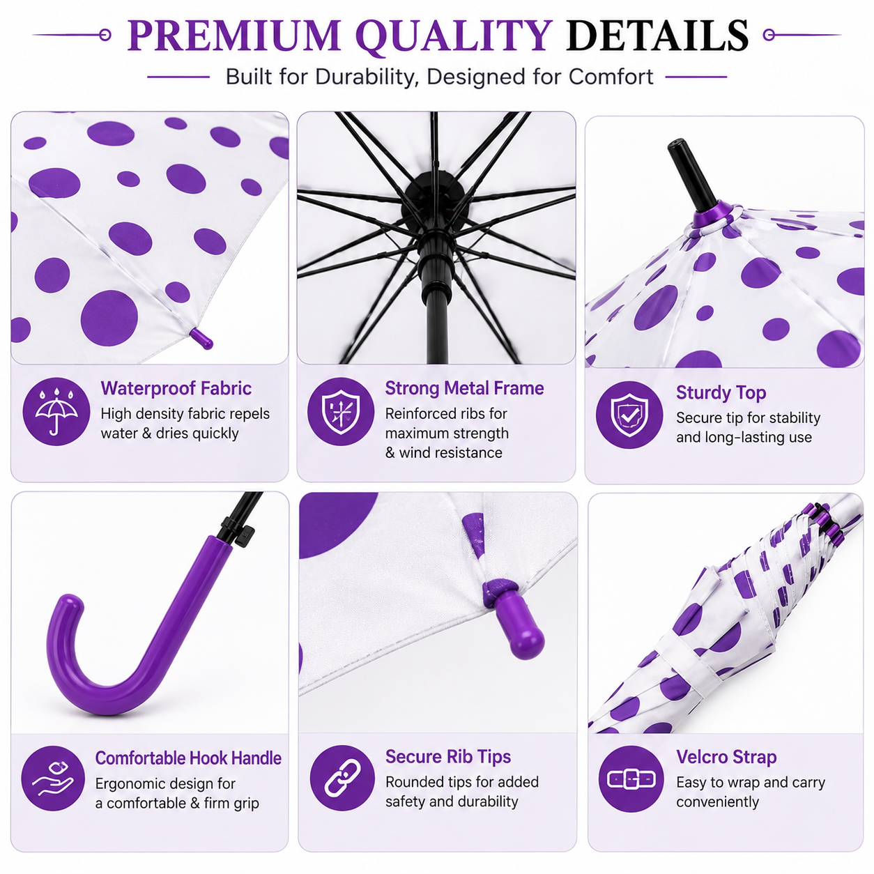 Premium Transparent Polka Dot Umbrella – Waterproof Windproof Long Stick Umbrella with Curved Handle for Men & Women | Large Canopy Rain Umbrella (White & Purple)