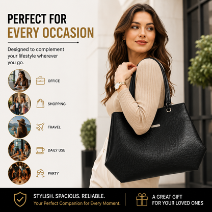 Women's Premium Leatherette Tote Handbag – Large Shoulder Bag with Spacious Compartments | Stylish Office, College, Travel & Everyday Purse (Black)