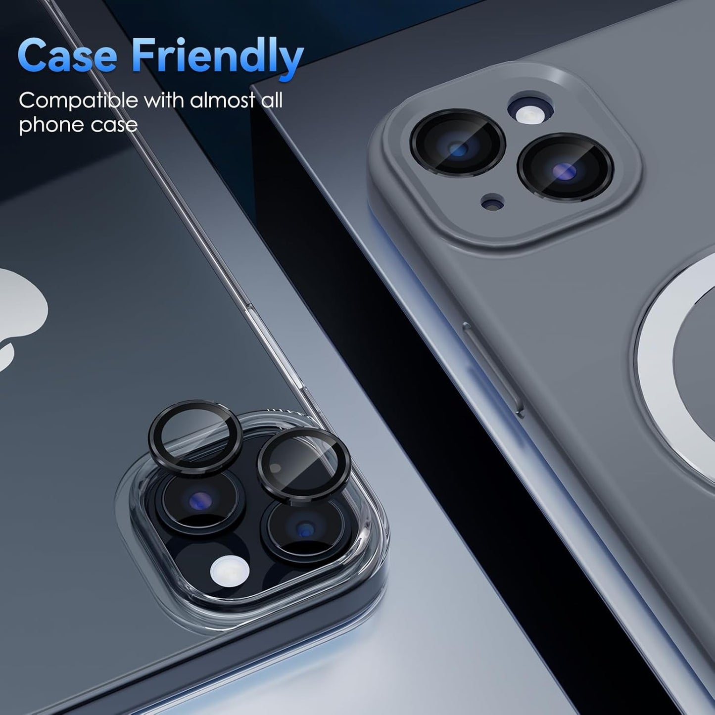 AIG Camera Lens Protector for iPhone 15/15 Plus – Black Metal Ring, Ultra HD Glass, Case-Friendly