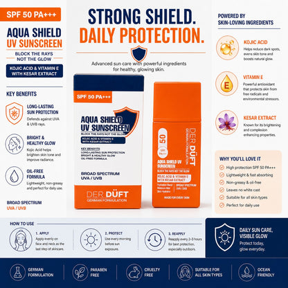 Der Düft Aqua Shield UV Sunscreen, SPF 50 PA+++, with Kojic Acid, Vitamin E and Kesar Extract, Oil-Free, Broad Spectrum UVA/UVB