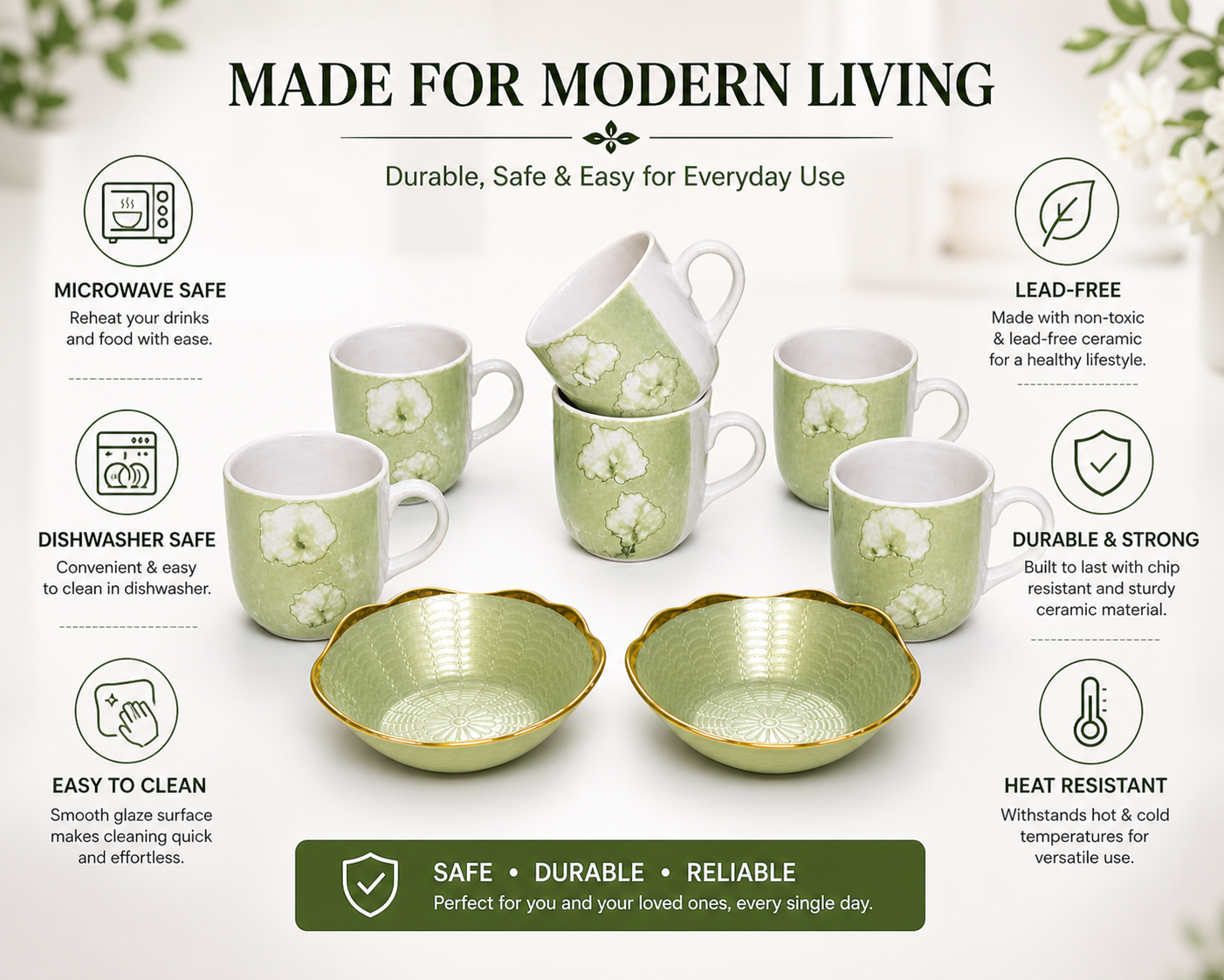 Ceramic Tea Cup & Snack Bowl Set – 6 Coffee Mugs with 2 Serving Bowls | Premium Floral Design Tea & Coffee Mug Set for Home, Office & Gifting