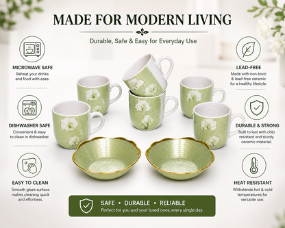 Ceramic Tea Cup & Snack Bowl Set – 6 Coffee Mugs with 2 Serving Bowls | Premium Floral Design Tea & Coffee Mug Set for Home, Office & Gifting