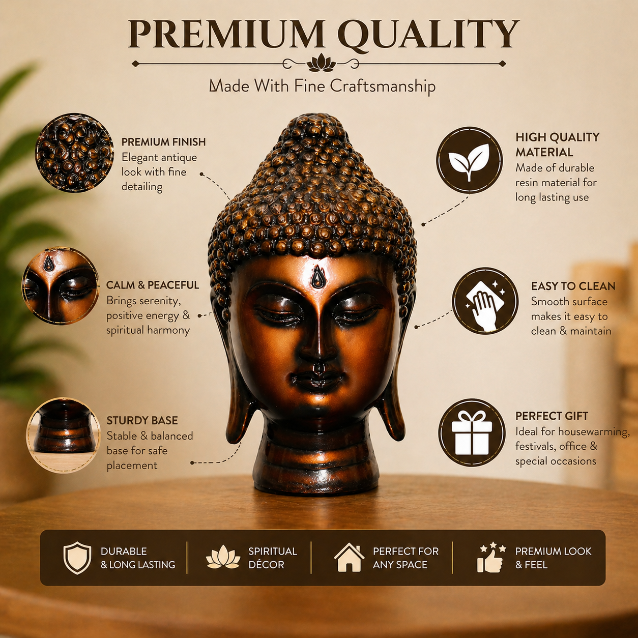 Handcrafted Brass Buddha Head Idol, Bronze Finish, Meditation Décor Statue for Home, Office, Yoga Studio