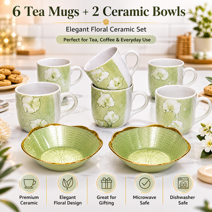 Ceramic Tea Mug & Bowl Gift Set (6 Tea Mugs + 2 Ceramic Bowls) Premium Quality Tea Cup Set for Home Kitchen Office Stylish Tea Coffee Serving Set with Gift Box | Green