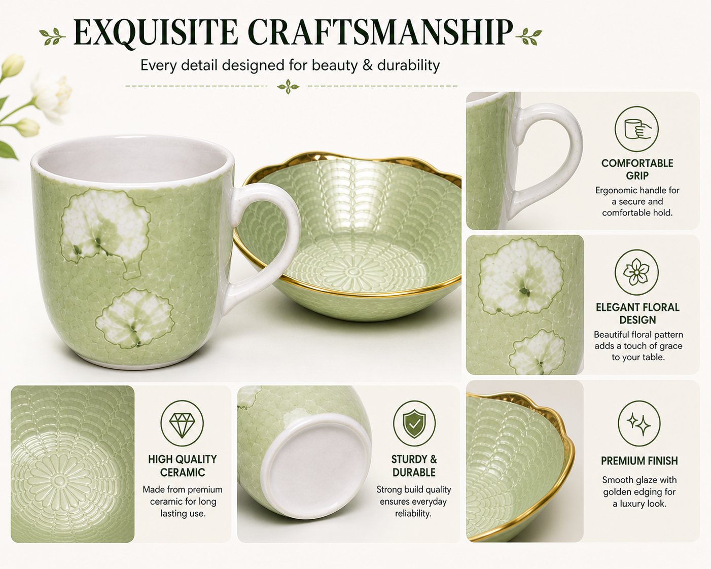 Ceramic Tea Mug & Bowl Gift Set (6 Tea Mugs + 2 Ceramic Bowls) Premium Quality Tea Cup Set for Home Kitchen Office Stylish Tea Coffee Serving Set with Gift Box | Green