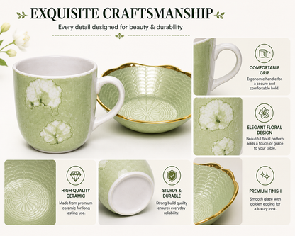 Ceramic Tea Mug & Bowl Gift Set (6 Tea Mugs + 2 Ceramic Bowls) Premium Quality Tea Cup Set for Home Kitchen Office Stylish Tea Coffee Serving Set with Gift Box | Green