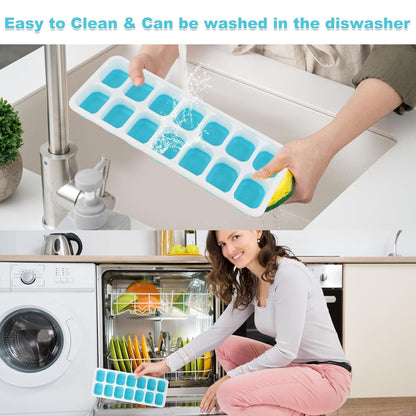 Silicone Ice Cube Tray with Lid, 2 Pack (Green & Blue), 28 Cubes, Easy Release & Stackable