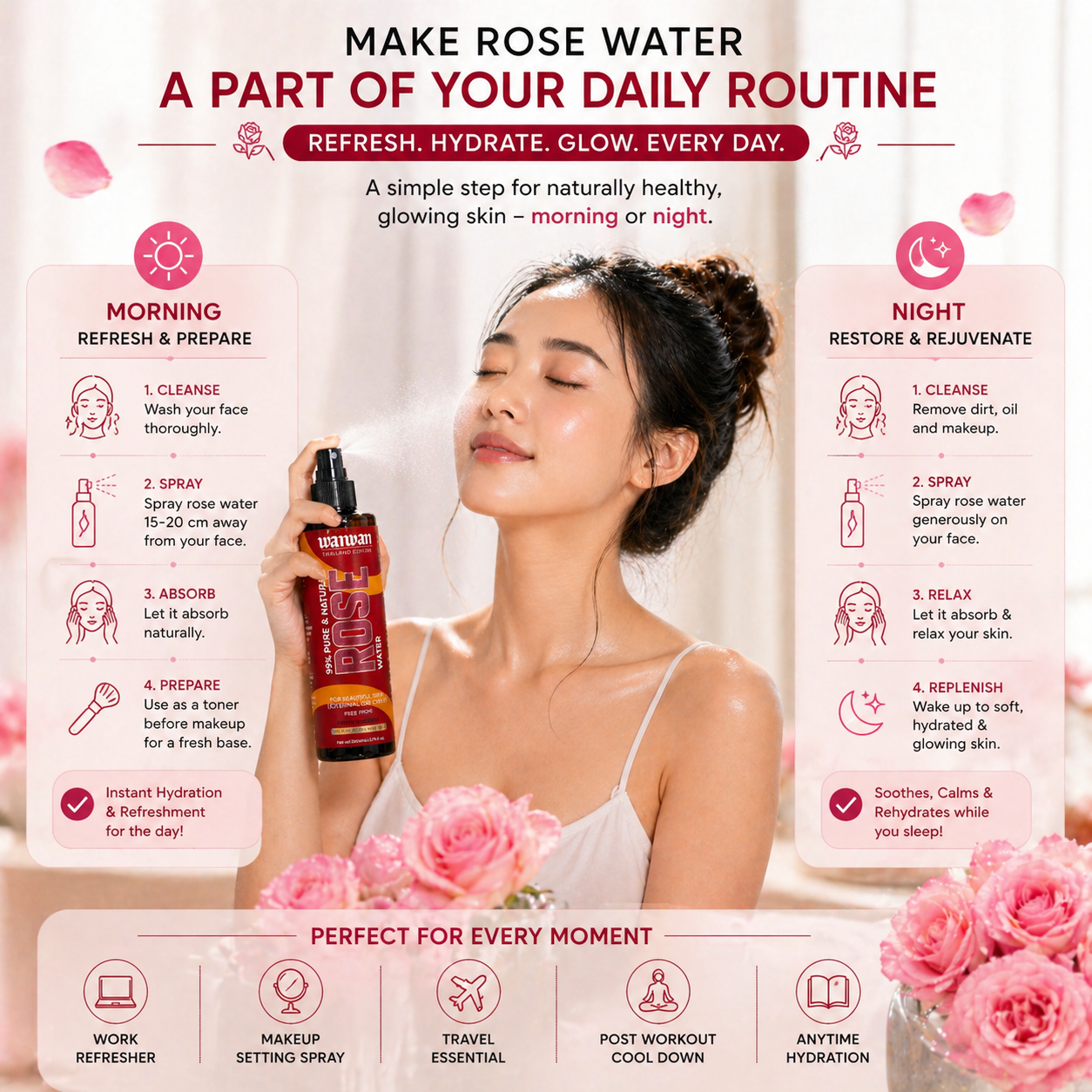 Wanwan 99% Pure & Natural Rose Water Spray 200ml | Face Toner, Facial Mist & Makeup Setting Spray | Hydrating, Refreshing & Skin Brightening | For All Skin Types | Preservative-Free Rose Water
