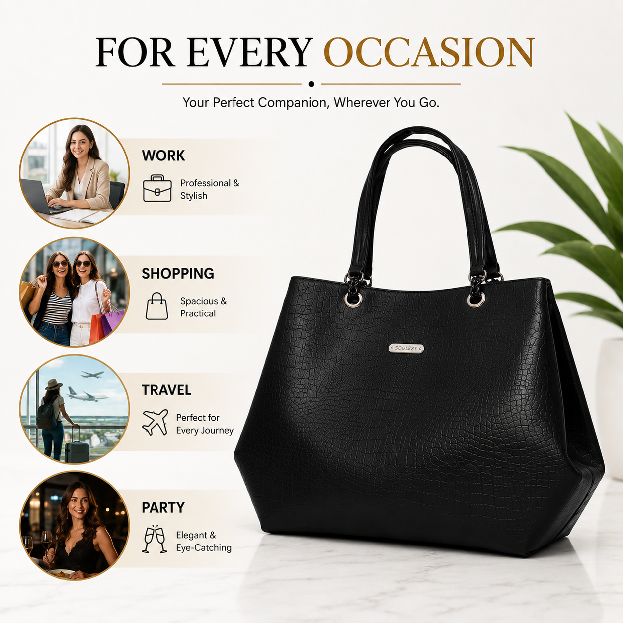 Women's Premium Leatherette Tote Handbag – Large Shoulder Bag with Spacious Compartments | Stylish Office, College, Travel & Everyday Purse (Black)