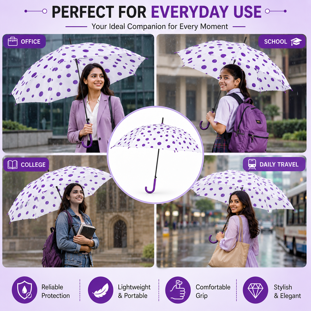 Premium Transparent Polka Dot Umbrella – Waterproof Windproof Long Stick Umbrella with Curved Handle for Men & Women | Large Canopy Rain Umbrella (White & Purple)