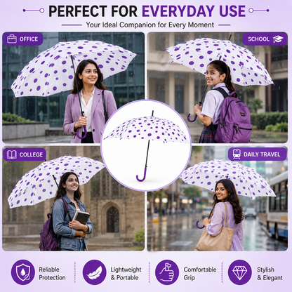 Premium Transparent Polka Dot Umbrella – Waterproof Windproof Long Stick Umbrella with Curved Handle for Men & Women | Large Canopy Rain Umbrella (White & Purple)