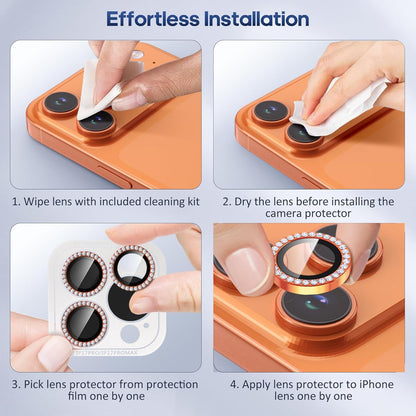 AIG Camera Lens Protector for iPhone 17 Pro/Pro Max –9H Tempered Glass with Diamond Metal Ring, Scratch Resistant, HD Clear (Orange Diamond)