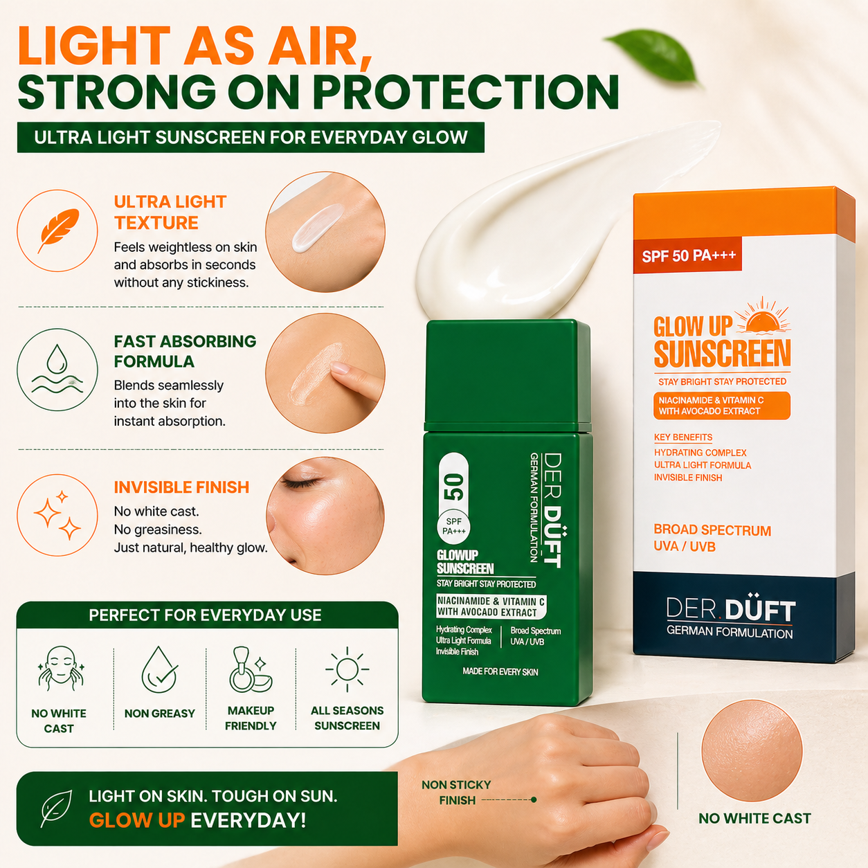Der Düft Glow Up Sunscreen SPF 50 PA+++, Broad Spectrum UVA/UVB, with Niacinamide, Vitamin C and Avocado Extract, Invisible Finish