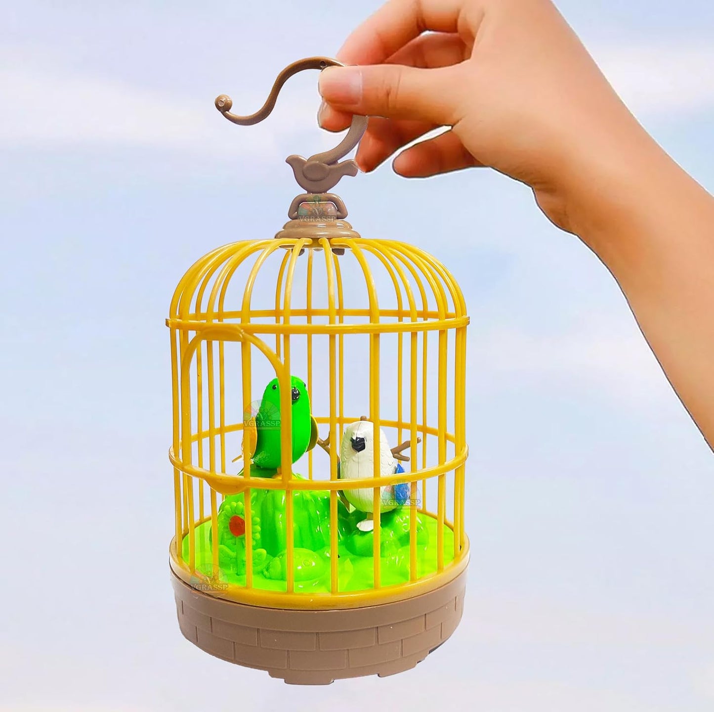 AIG Sound-Activated Chirping Bird Toy in Hanging Cage – LED, Flapping Wings & Moving Beak for Kids (Design 2)