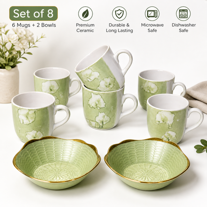 Ceramic Tea Mug & Bowl Gift Set (6 Tea Mugs + 2 Ceramic Bowls) Premium Quality Tea Cup Set for Home Kitchen Office Stylish Tea Coffee Serving Set with Gift Box | Green