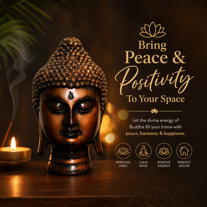 Handcrafted Brass Buddha Head Idol, Bronze Finish, Meditation Décor Statue for Home, Office, Yoga Studio