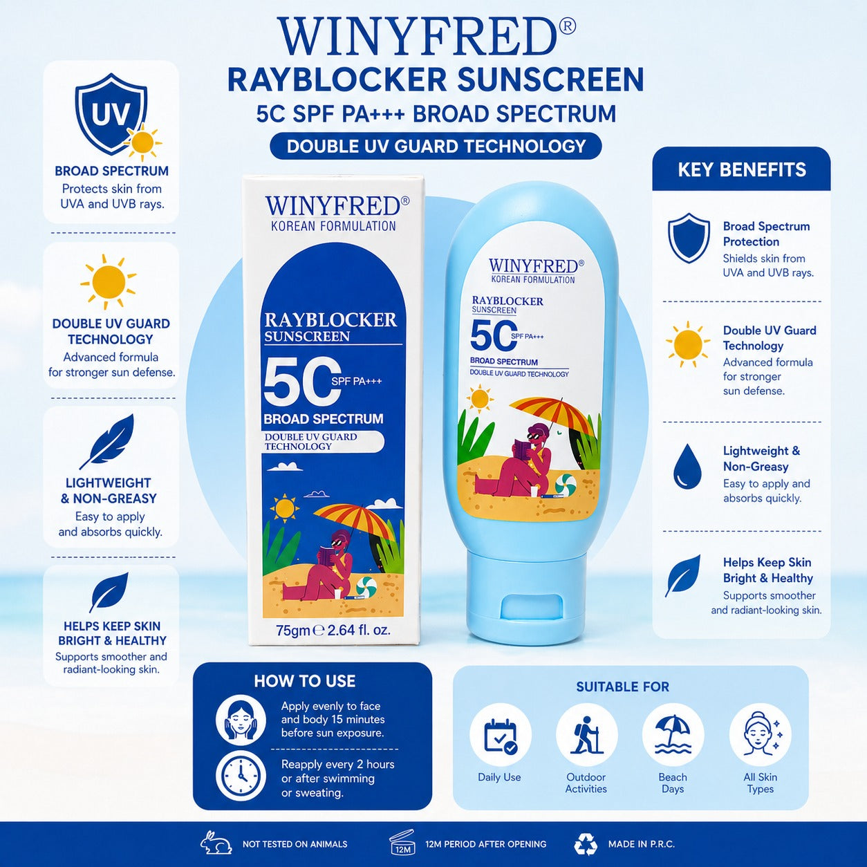 Winyfred Rayblocker Sunscreen SPF 50 PA+++ | Broad Spectrum UVA UVB Protection | Lightweight Non Greasy No White Cast