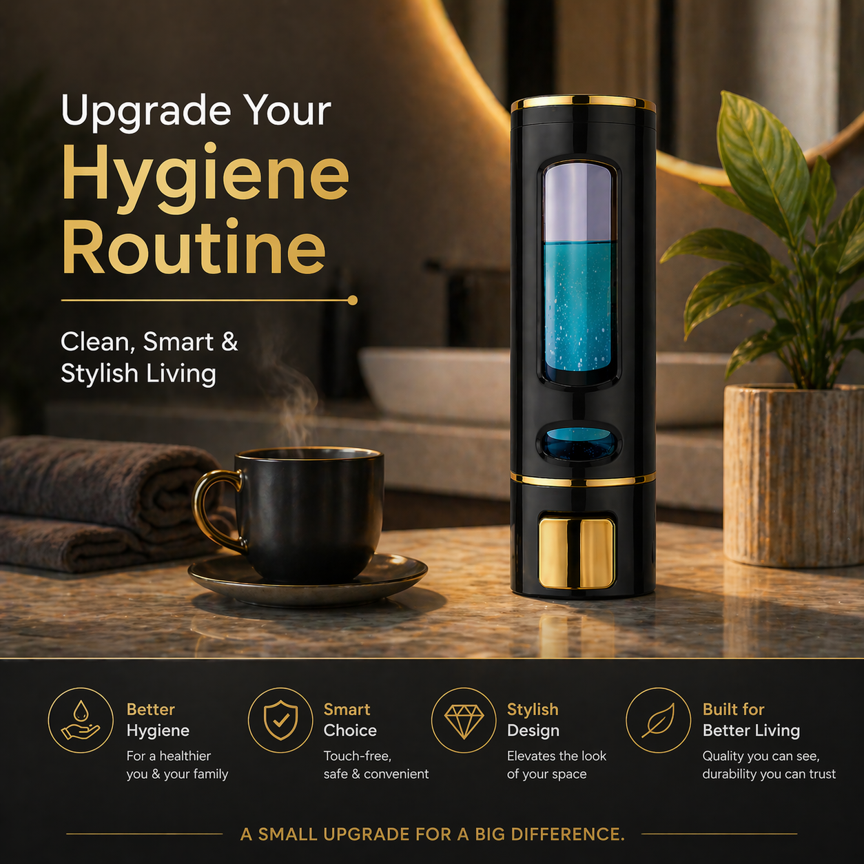 Wall-Mounted Liquid Soap Dispenser, Black and Gold Finish, Push Button, for Bathroom and Kitchen